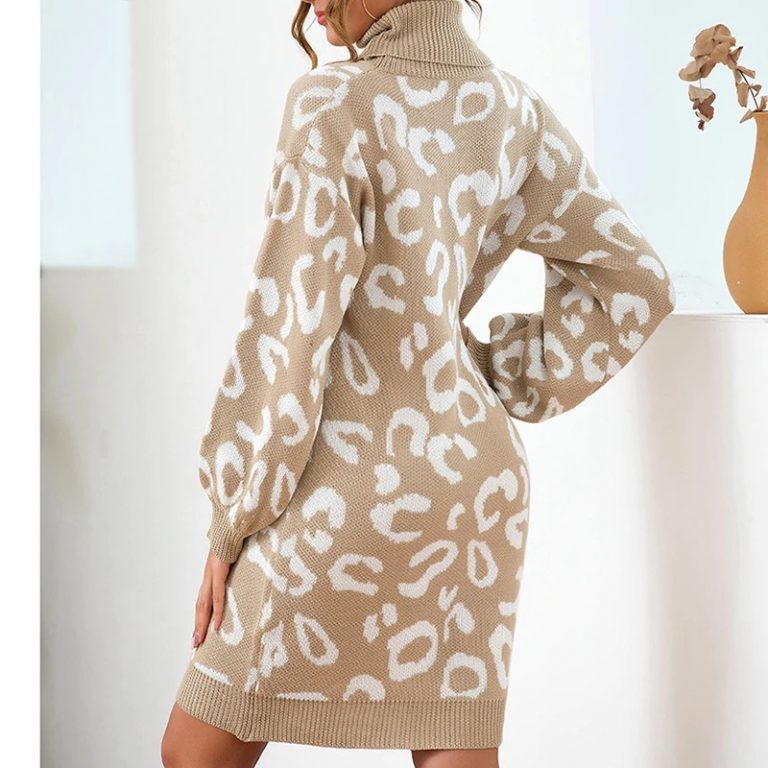 Elegant Leopard Print Turtleneck Short Party Swearter Dress - Image 4