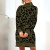 Elegant Leopard Print Turtleneck Short Party Swearter Dress