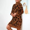 Elegant Leopard Print Turtleneck Short Party Swearter Dress - Image 5