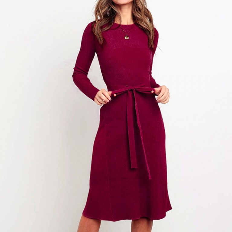 Elegant A-line long sleeve strap O-neck Sweater Dress