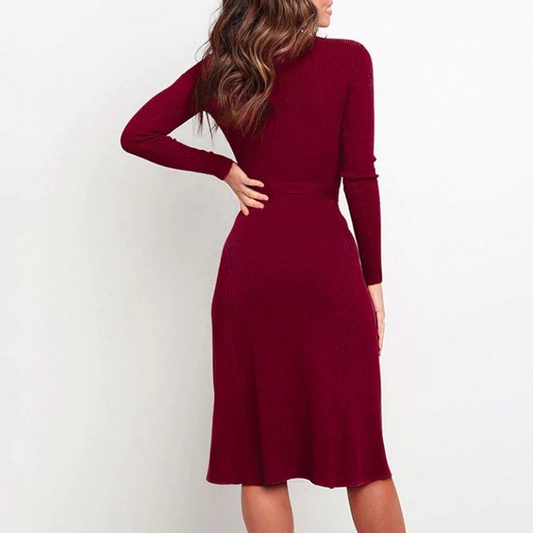 Elegant A-line long sleeve strap O-neck Sweater Dress - Image 2