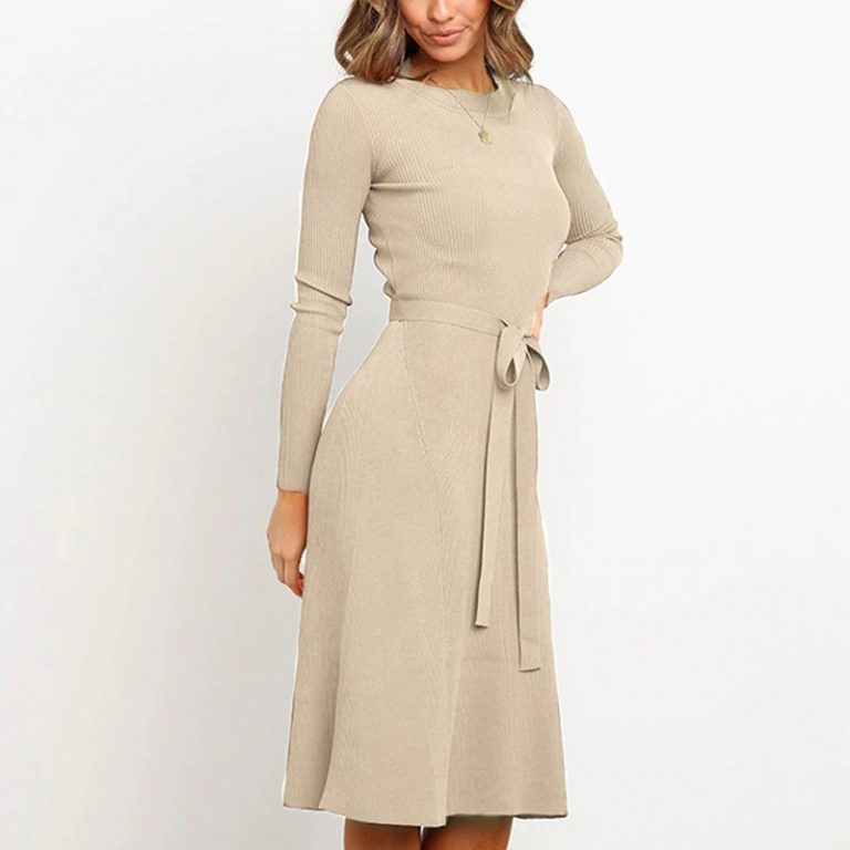 Elegant A-line long sleeve strap O-neck Sweater Dress - Image 3