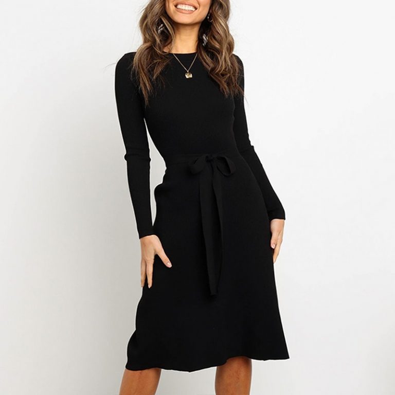 Elegant A-line long sleeve strap O-neck Sweater Dress - Image 4