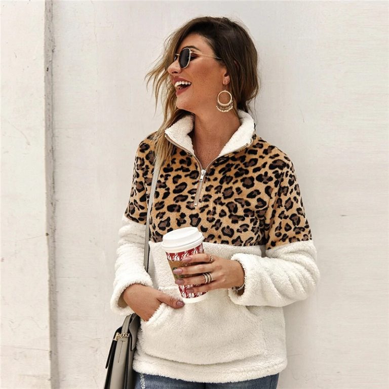 Flannel Contrast Leopard Quarter Zipper Teddy Sweatshirt