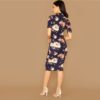 Floral Print Stand Collar Short Sleeve Elegant Bodycon Dress - Image 2