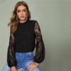 Frilled Neck Lace Sheer Stand Collar Bishop Sleeve Tops And Blouses