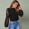 Frilled Neck Lace Sheer Stand Collar Bishop Sleeve Tops And Blouses - Image 3