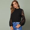 Frilled Neck Lace Sheer Stand Collar Bishop Sleeve Tops And Blouses - Image 4