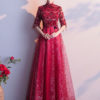 Half Sleeve Lace High Collar Formal Gowns