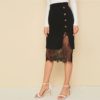 High Waist Contrast Lace Trim Button Side Pencil Skirt - Image 4