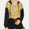 Hoodie Long Sleeves Plaid Buttons Hooded Sweatshirt