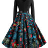 Jewel Neck Long Sleeves Christmas Pattern Rockabilly Retro Dress - Image 3