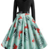 Jewel Neck Long Sleeves Christmas Pattern Rockabilly Vintage Dress - Image 3