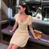 Sexy V-neck Short sleeve transparent office lady Knitted Dress