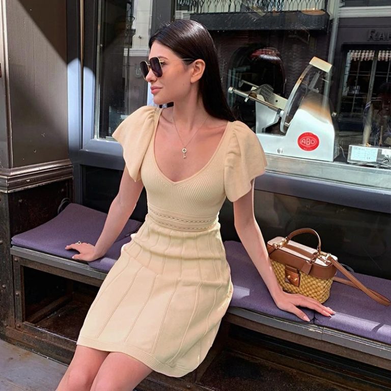 Sexy V-neck Short sleeve transparent office lady Knitted Dress