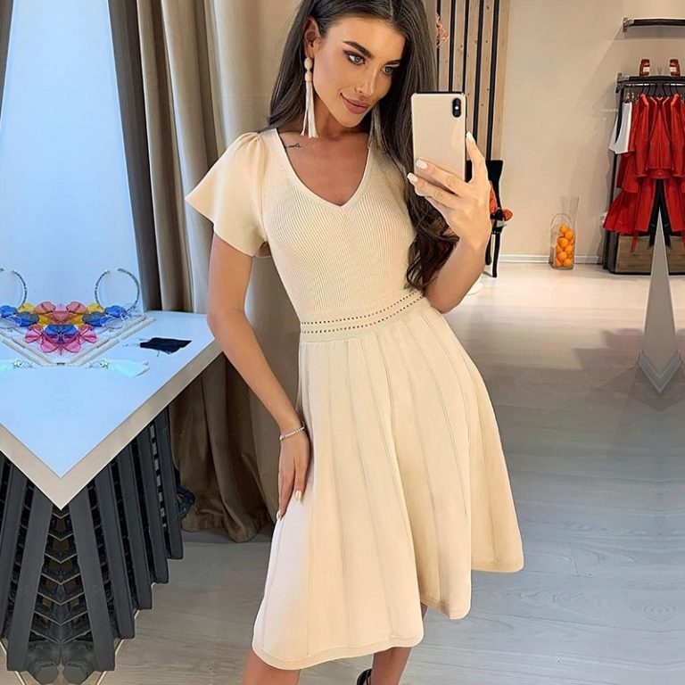 Sexy V-neck Short sleeve transparent office lady Knitted Dress - Image 4