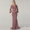 Long Sleeves Pearls Crystal Lace Evening Gowns