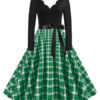 Neckline Long Sleeves Plaid Swing Retro Dress