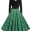 Neckline Long Sleeves Plaid Swing Retro Dress - Image 3