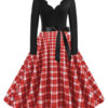 Neckline Long Sleeves Plaid Swing Retro Dress - Image 6