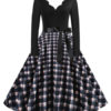 Neckline Long Sleeves Plaid Swing Retro Dress - Image 7