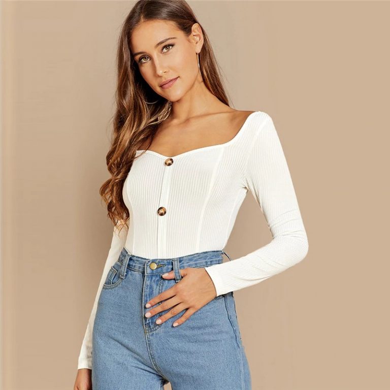 Office Lady Button Front Deep V Neck Workwear Tshirt
