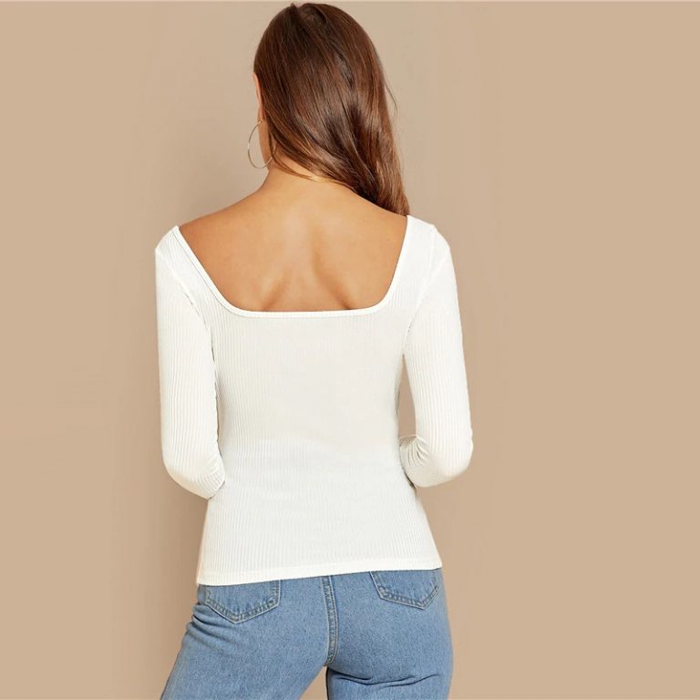 Office Lady Button Front Deep V Neck Workwear Tshirt - Image 2