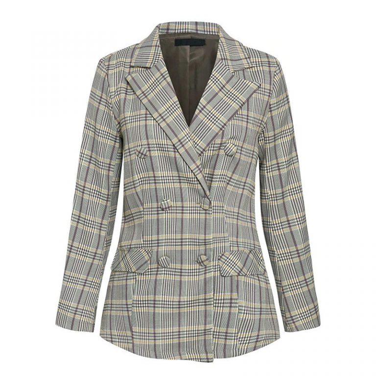 Office ladies plaid double breasted Casual streetwear blazer