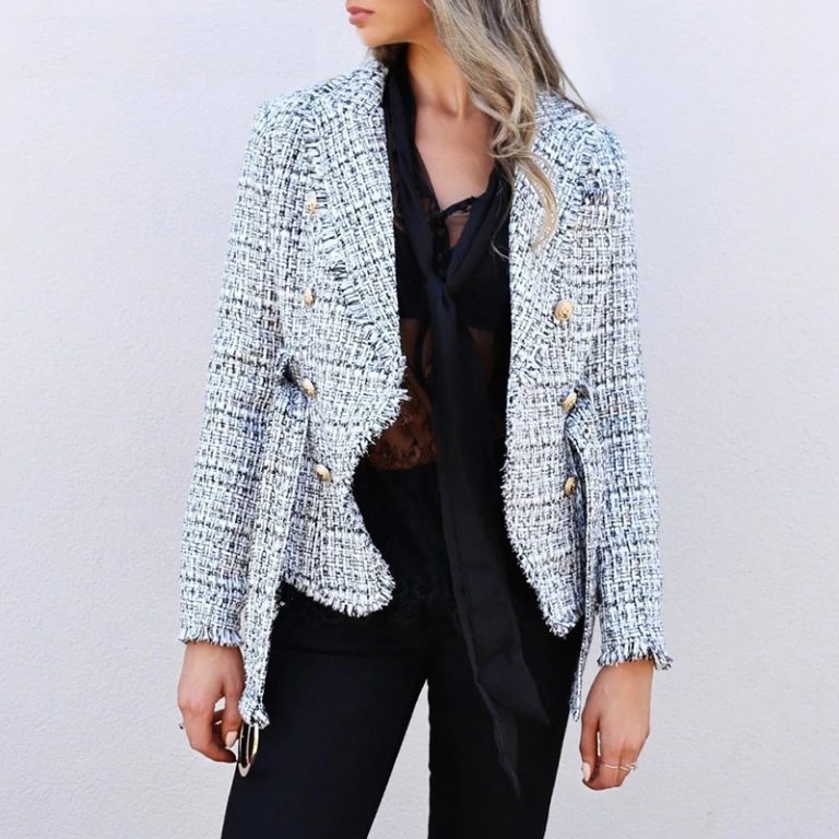 Plaid V-neck double breasted button belt ladies blazer