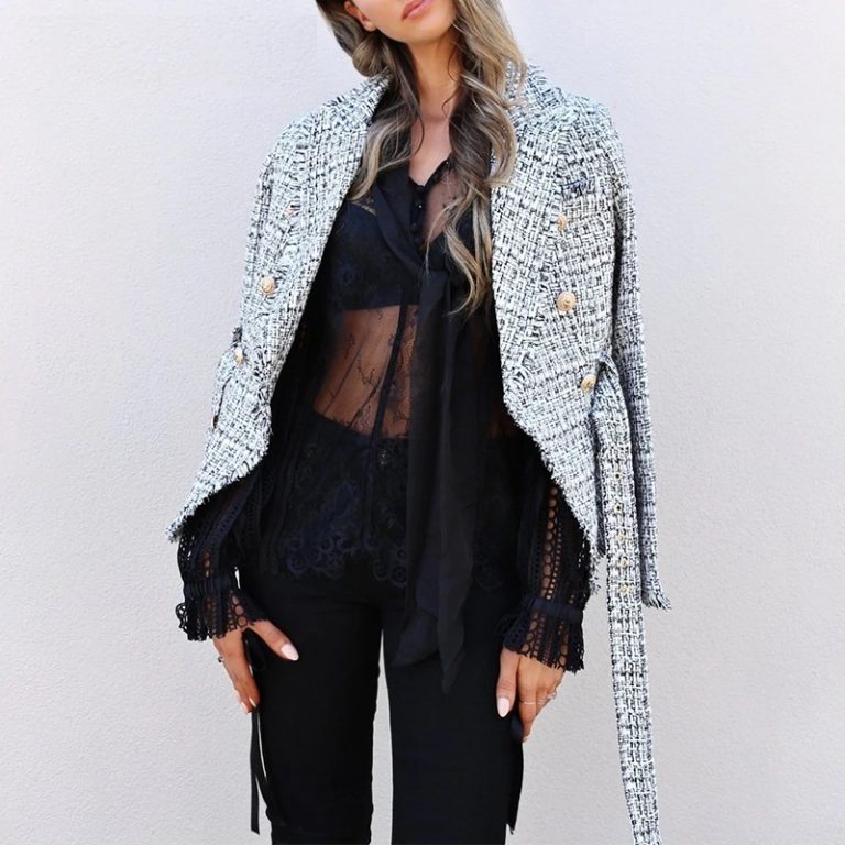 Plaid V-neck double breasted button belt ladies blazer - Image 2