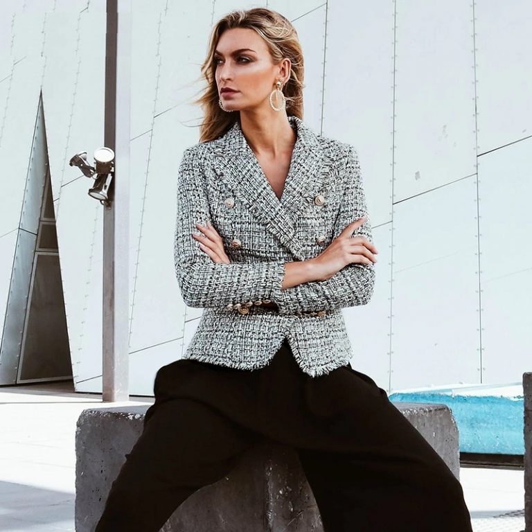 Plaid V-neck double breasted button belt ladies blazer - Image 4
