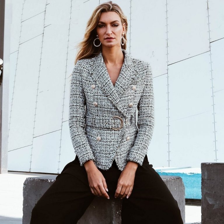 Plaid V-neck double breasted button belt ladies blazer - Image 6