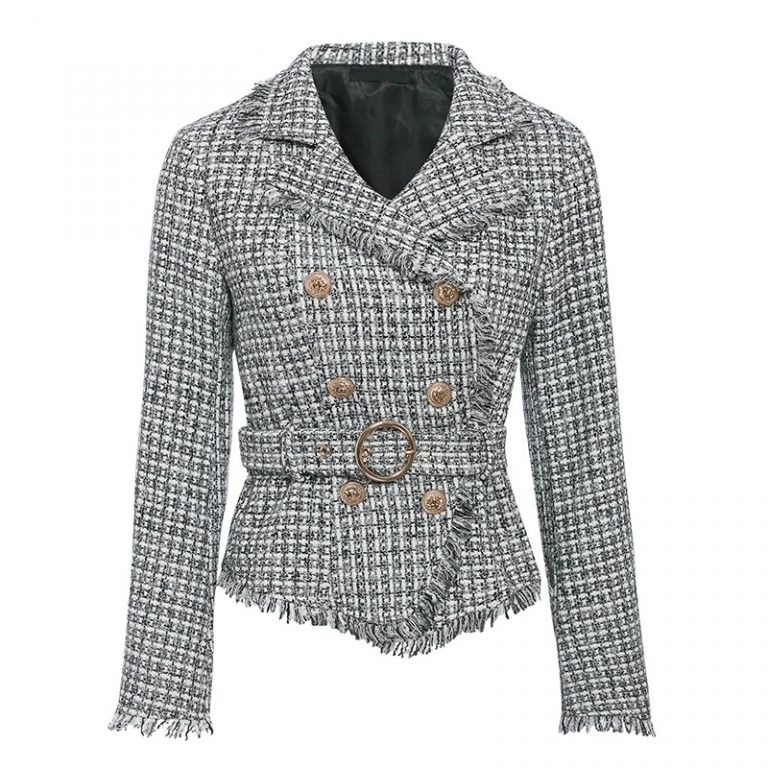 Plaid V-neck double breasted button belt ladies blazer - Image 7