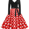 Polka Dot Scalloped Neckline Long Sleeves Swing Vintage Dress