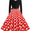 Polka Dot Scalloped Neckline Long Sleeves Swing Vintage Dress - Image 3