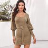 Scoop Neck Streetwear Bishop Sleeve Bodycon Sweater Dress With Belt - Image 3