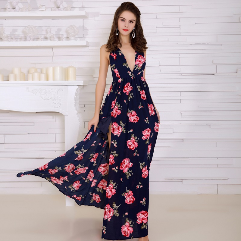 Sexy Backless Print High Split Maxi Dress