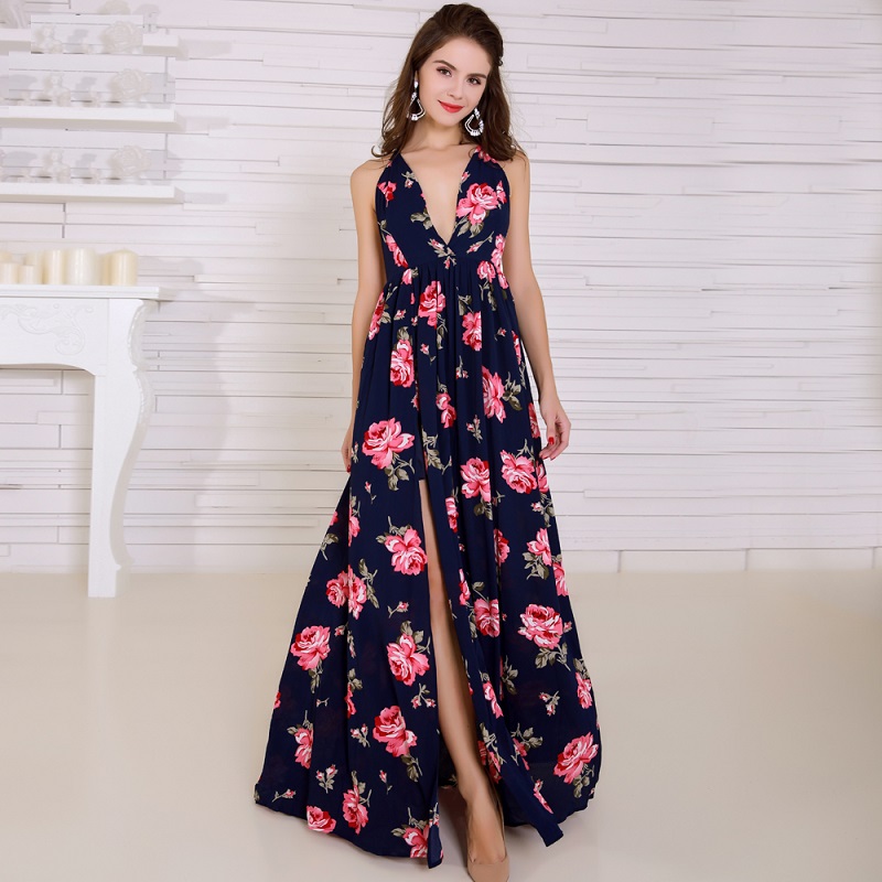 Sexy Backless Print High Split Maxi Dress - Image 2