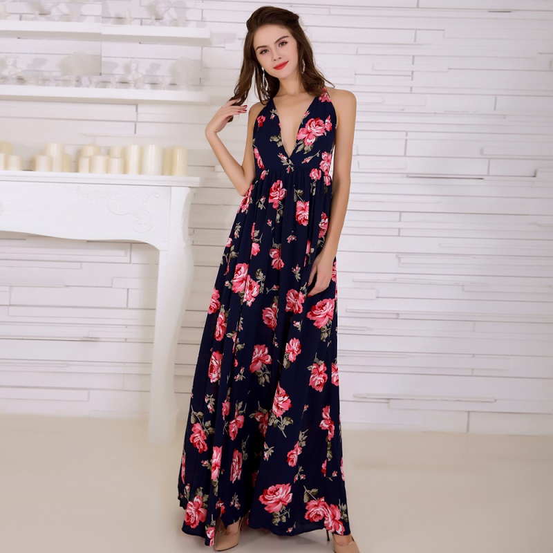 Sexy Backless Print High Split Maxi Dress - Image 6