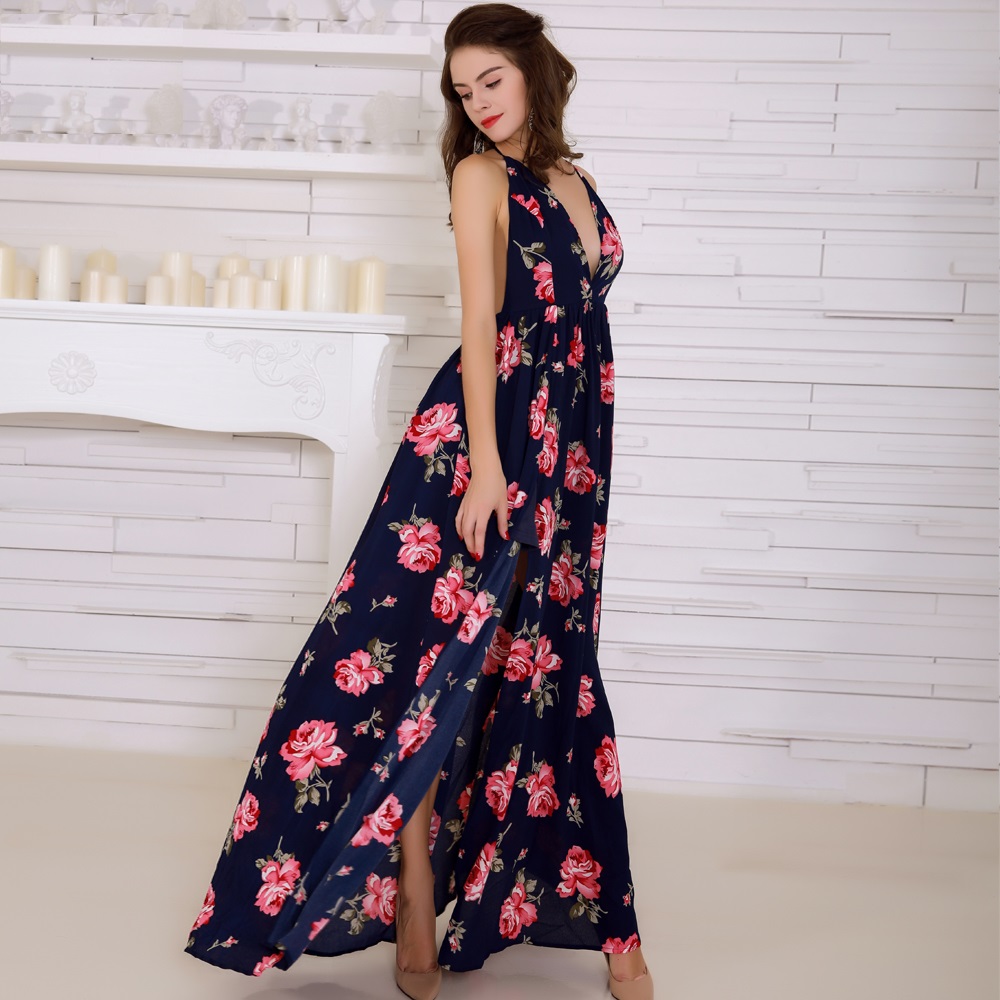 Sexy Backless Print High Split Maxi Dress - Image 5