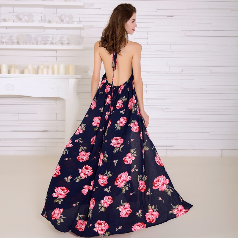 Sexy Backless Print High Split Maxi Dress - Image 3
