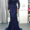 Sexy Sheer Long Sleeve Crystal Beaded Mermaid Evening Dress - Image 9