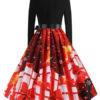 Vintage 1950s Christmas Pattern Long Sleeves Scalloped Neckline Rockabilly Dress - Image 3