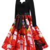 Vintage 1950s Christmas Pattern Long Sleeves Scalloped Neckline Rockabilly Dress - Image 4