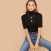 Solid High Neck Form Fitted Short Sleeve Stretchy Casual T-Shirt