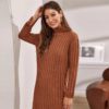 Solid Ribbed knit Long Sleeve Casual Sweater Dress - Image 3