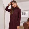 Solid Ribbed knit Long Sleeve Casual Sweater Dress - Image 8