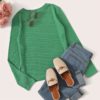Solid Round Neck Ribbed Knit Office Ladies Casual T-Shirt