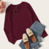 Solid Round Neck Ribbed Knit Office Ladies Casual T-Shirt - Image 6