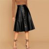 Solid Single Breasted High Waist Leather Elegant Flared Skirt
